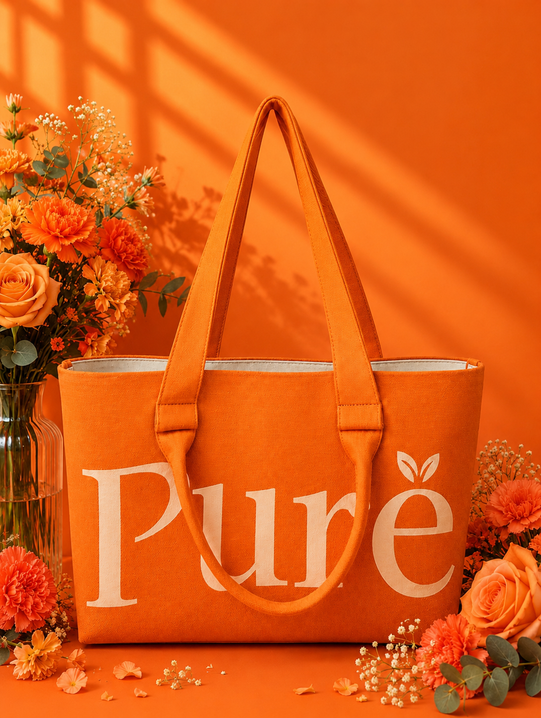 Sandra Bloom Tote - vibrant orange PURE tote with floral accents